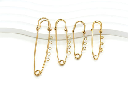 Gold Safety Pin Charm Holder with Loops, Stainless Steel Brooch Pin Finding, Multi Loop Jewelry Connector