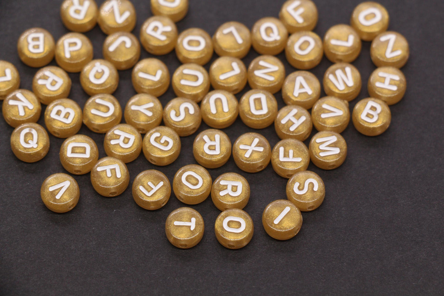 7mm Metallic Gold White Letter Beads, Acrylic Alphabet Beads, Jewelry Making Supplies #72