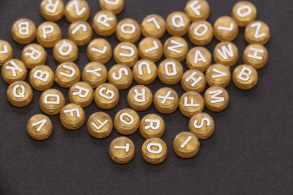 7mm Metallic Gold White Letter Beads, Acrylic Alphabet Beads, Jewelry Making Supplies #72