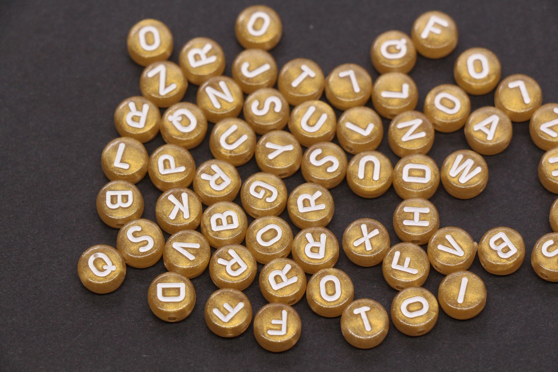 7mm Metallic Gold White Letter Beads, Acrylic Alphabet Beads, Jewelry Making Supplies #72