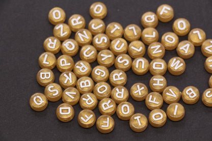 7mm Metallic Gold White Letter Beads, Acrylic Alphabet Beads, Jewelry Making Supplies #72
