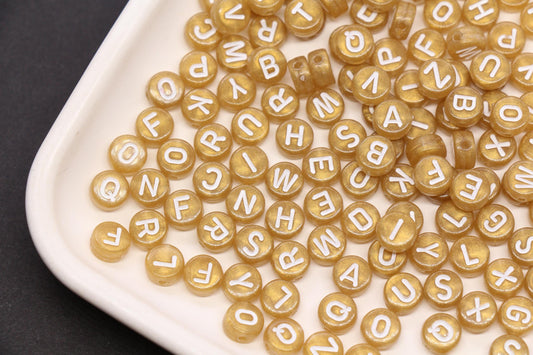 7mm Metallic Gold White Letter Beads, Acrylic Alphabet Beads, Jewelry Making Supplies #72