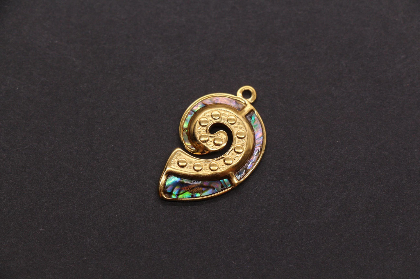 Seashell Charm, Stainless Steel Spiral Shell Pendant with Shell Inlay, Ocean Jewelry Supply