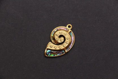 Seashell Charm, Stainless Steel Spiral Shell Pendant with Shell Inlay, Ocean Jewelry Supply