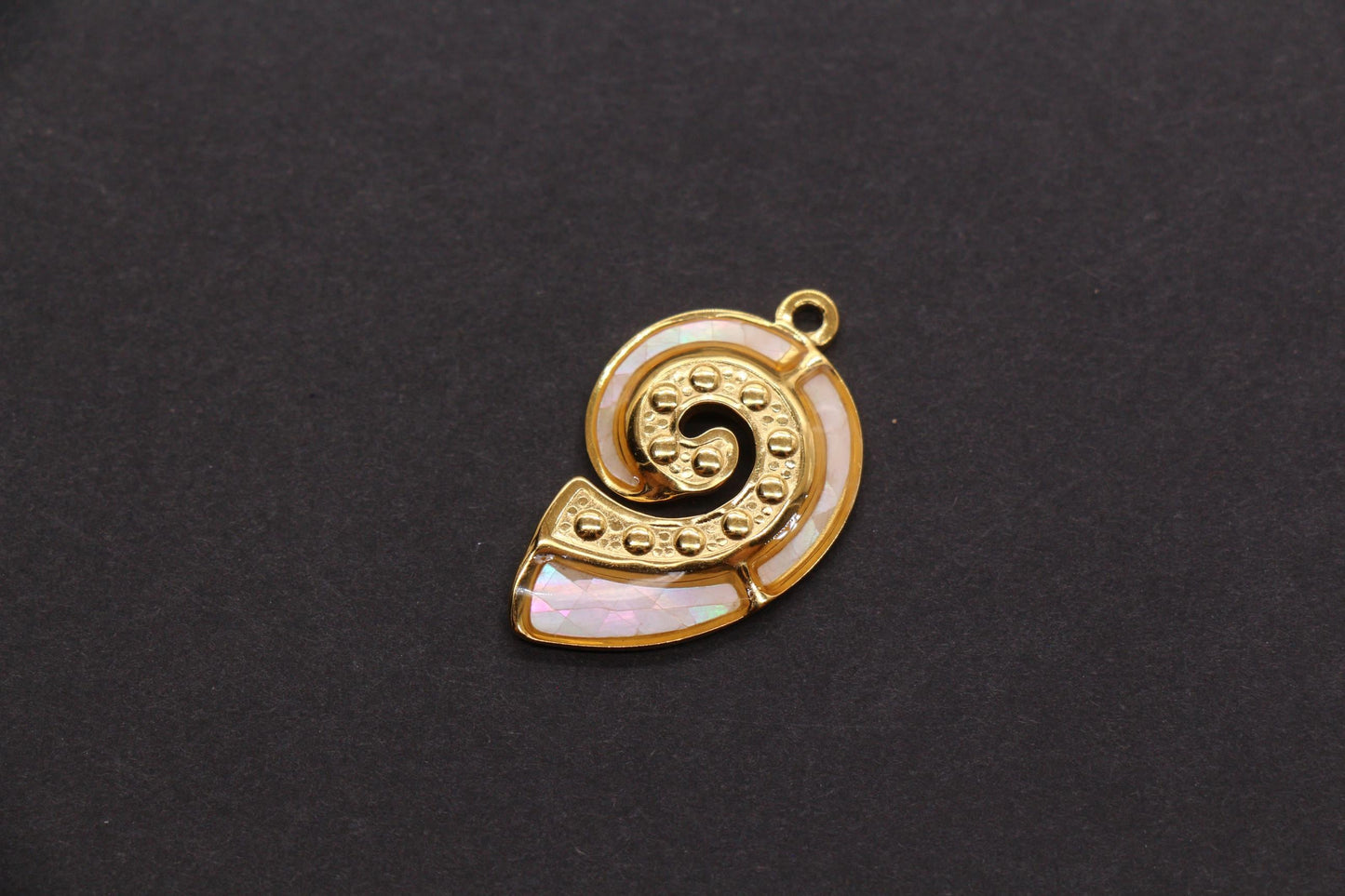 Seashell Charm, Stainless Steel Spiral Shell Pendant with Shell Inlay, Ocean Jewelry Supply