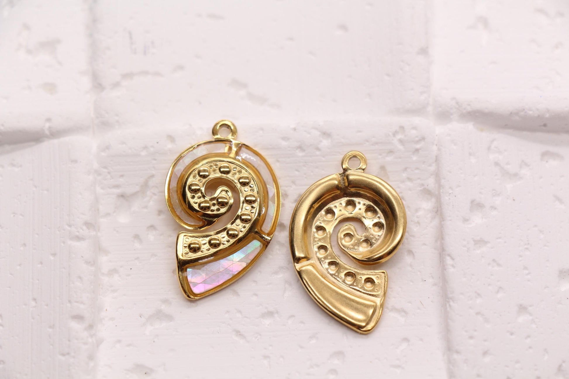 Seashell Charm, Stainless Steel Spiral Shell Pendant with Shell Inlay, Ocean Jewelry Supply