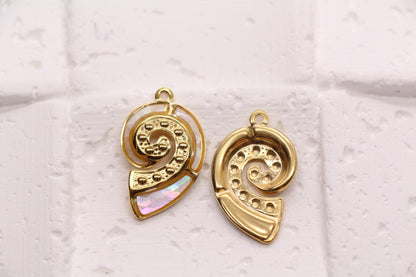 Seashell Charm, Stainless Steel Spiral Shell Pendant with Shell Inlay, Ocean Jewelry Supply