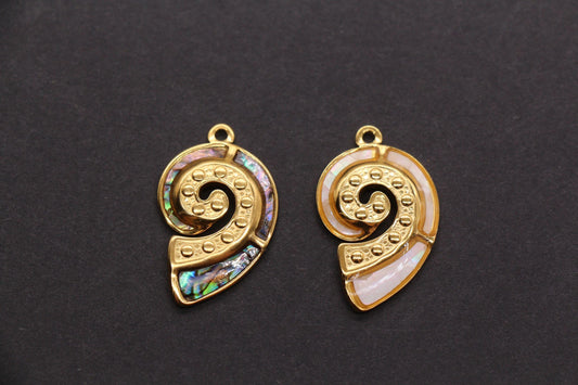 Seashell Charm, Stainless Steel Spiral Shell Pendant with Shell Inlay, Ocean Jewelry Supply