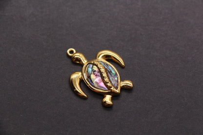 Sea Turtle Charm, Stainless Steel Shell Inlay Turtle Pendant, Ocean Jewelry Making Supply