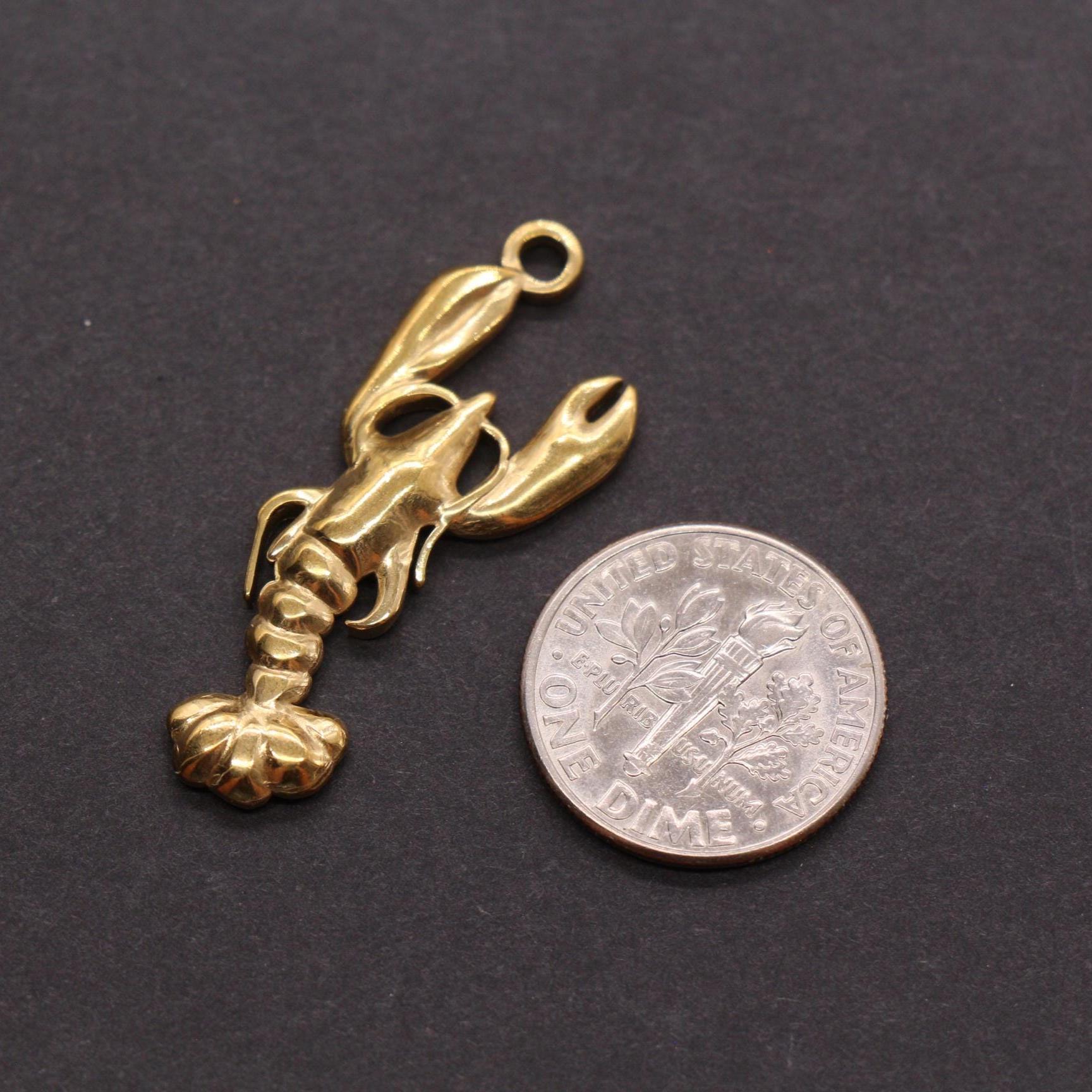 Gold Plated Lobster Charm, Stainless Steel Sea Life Pendant, Ocean Jewelry Making Supply