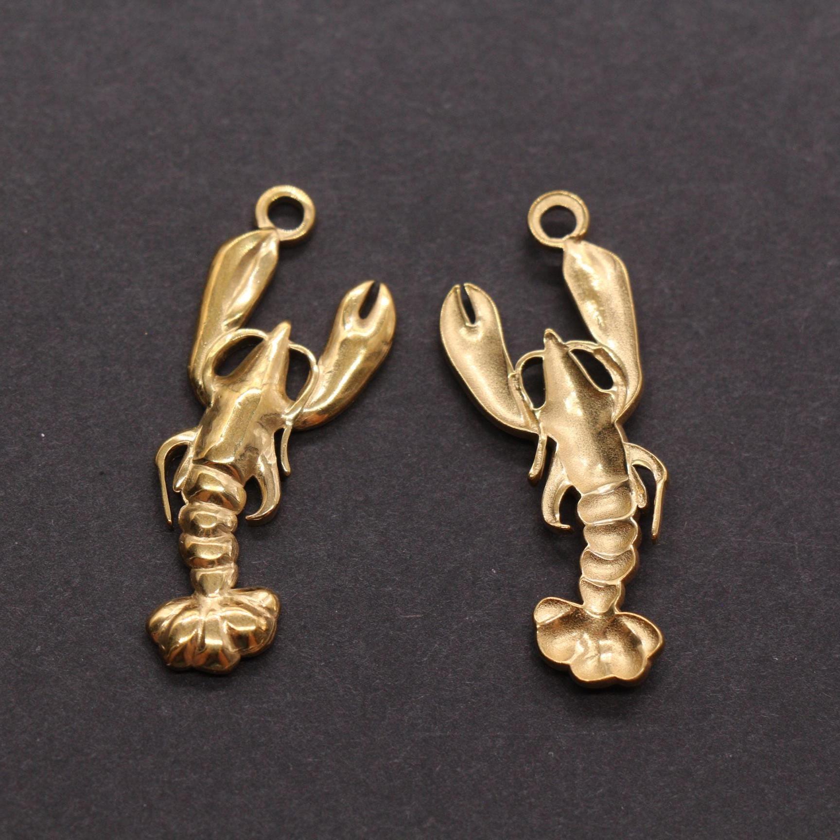 Gold Plated Lobster Charm, Stainless Steel Sea Life Pendant, Ocean Jewelry Making Supply