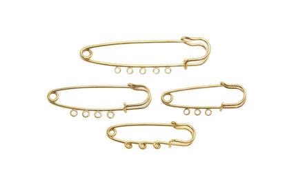 Gold Safety Pin Charm Holder with Loops, Stainless Steel Brooch Pin Finding, Multi Loop Jewelry Connector