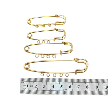 Gold Safety Pin Charm Holder with Loops, Stainless Steel Brooch Pin Finding, Multi Loop Jewelry Connector