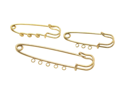 Gold Safety Pin Charm Holder with Loops, Stainless Steel Brooch Pin Finding, Multi Loop Jewelry Connector