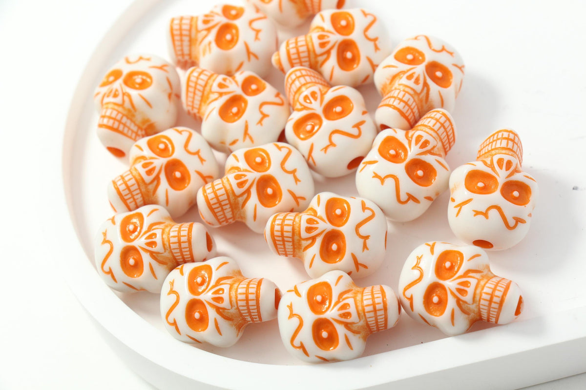 Orange Skull Beads, Large Skull Beads, Halloween Beads for Jewelry Making #4038