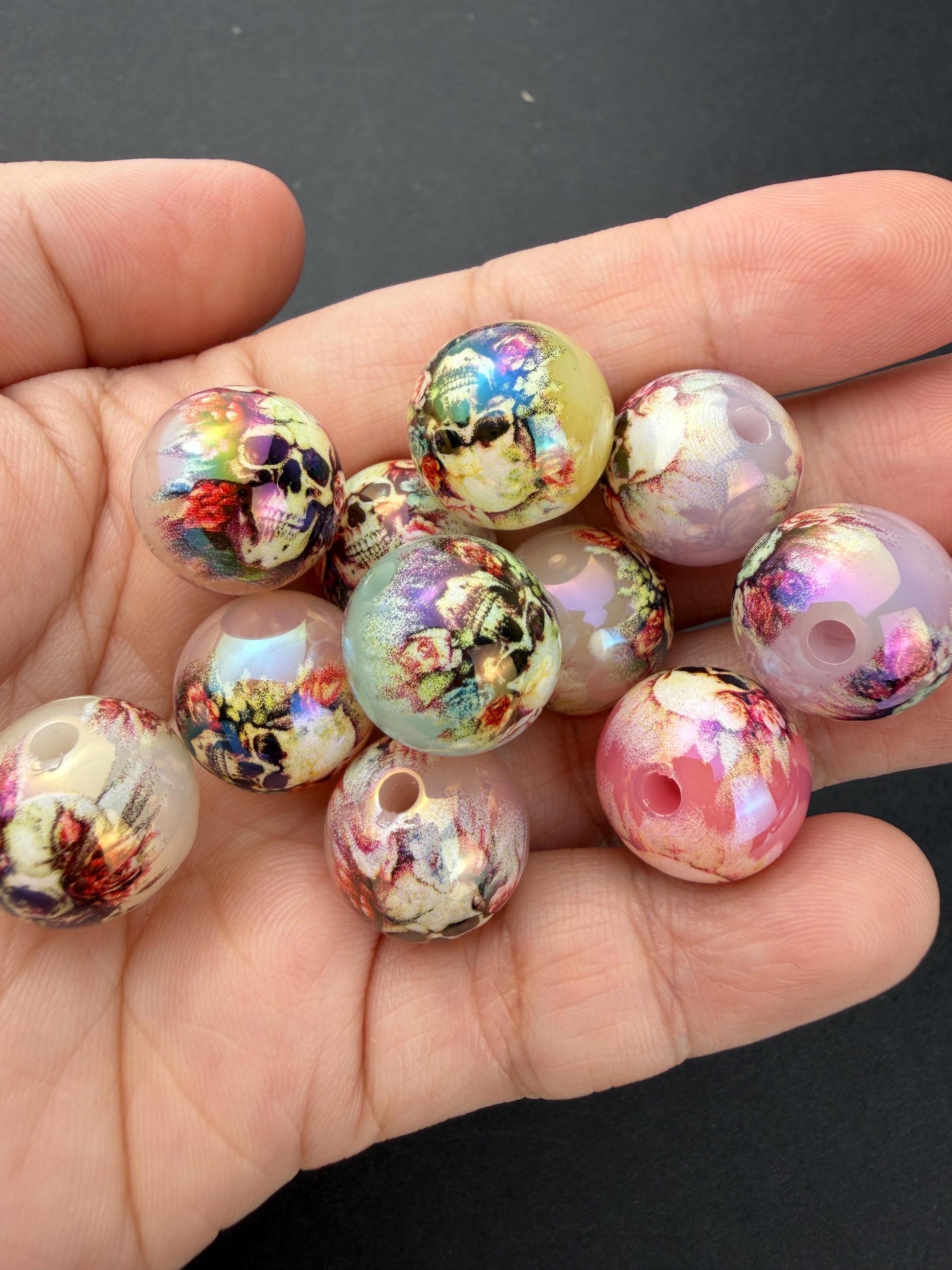 Floral Skull Beads, Acrylic Halloween Beads, Rose Skull Beads for Jewelry Making #4044