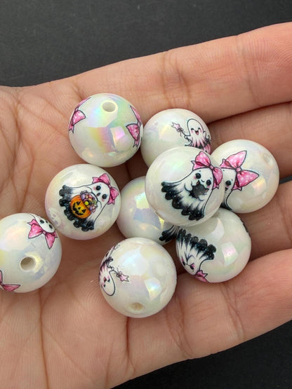 Pink Ghost Beads, Cute Halloween Acrylic Beads, Pink Pumpkin Beads for Jewelry Making #4045