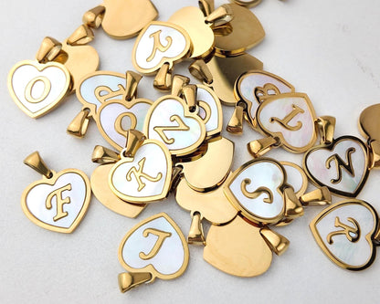 Natural Shell Initial Pendant, Gold Stainless Steel Heart Letter Charm, A-Z Alphabet Pendant for Jewelry Making