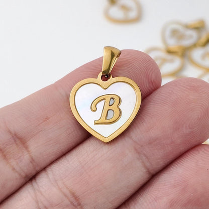 Natural Shell Initial Pendant, Gold Stainless Steel Heart Letter Charm, A-Z Alphabet Pendant for Jewelry Making