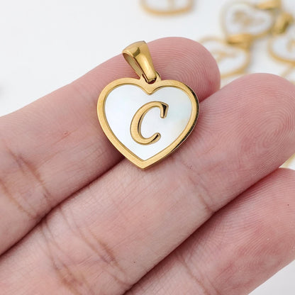 Natural Shell Initial Pendant, Gold Stainless Steel Heart Letter Charm, A-Z Alphabet Pendant for Jewelry Making
