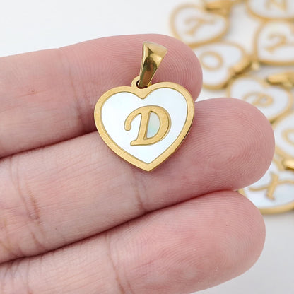 Natural Shell Initial Pendant, Gold Stainless Steel Heart Letter Charm, A-Z Alphabet Pendant for Jewelry Making