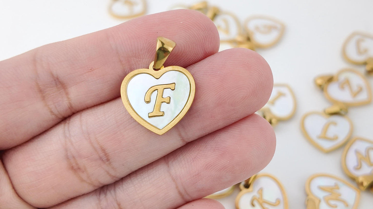 Natural Shell Initial Pendant, Gold Stainless Steel Heart Letter Charm, A-Z Alphabet Pendant for Jewelry Making