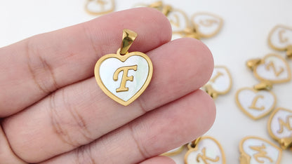 Natural Shell Initial Pendant, Gold Stainless Steel Heart Letter Charm, A-Z Alphabet Pendant for Jewelry Making
