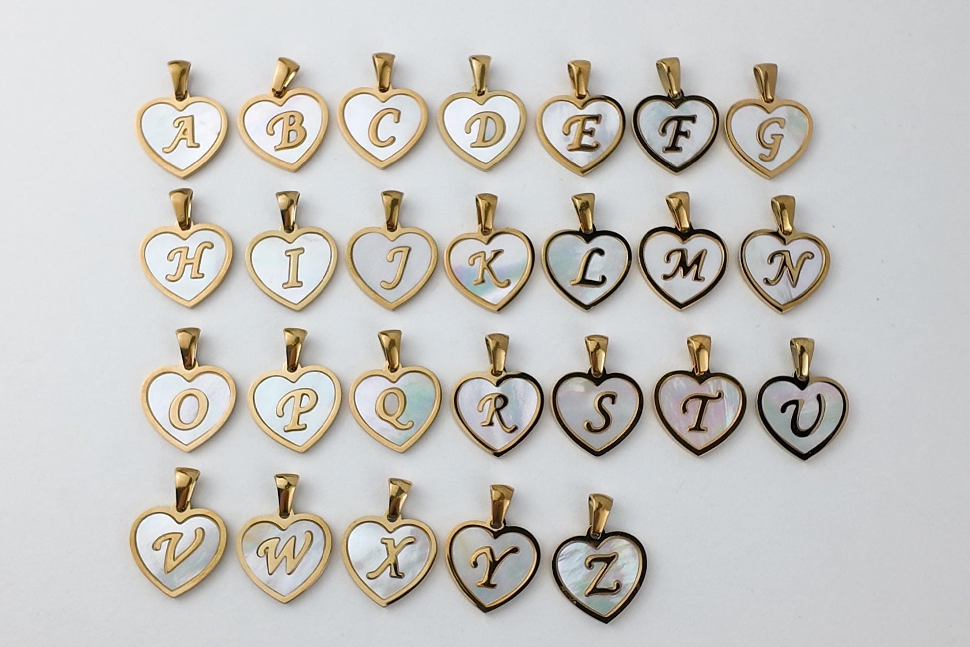Natural Shell Initial Pendant, Gold Stainless Steel Heart Letter Charm, A-Z Alphabet Pendant for Jewelry Making