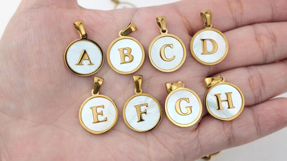 18K Gold Plated Round Shell Initial Charm, Stainless Steel