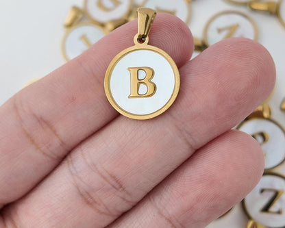 18K Gold Plated Round Shell Initial Charm, Stainless Steel
