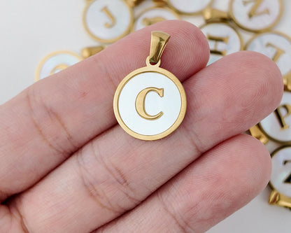 18K Gold Plated Round Shell Initial Charm, Stainless Steel