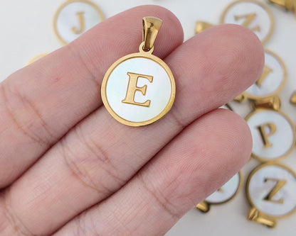 18K Gold Plated Round Shell Initial Charm, Stainless Steel