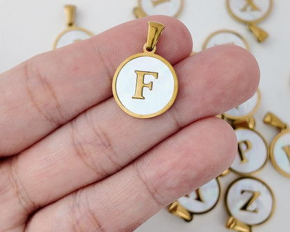 18K Gold Plated Round Shell Initial Charm, Stainless Steel