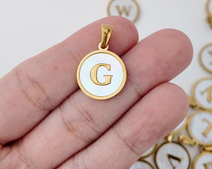 18K Gold Plated Round Shell Initial Charm, Stainless Steel