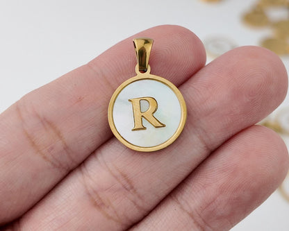 18K Gold Plated Round Shell Initial Charm, Stainless Steel