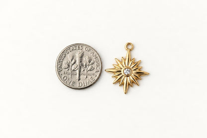 Gold Sun Charm, Stainless Steel Rhinestone Sunburst Pendant, Celestial Charm for Jewelry Making