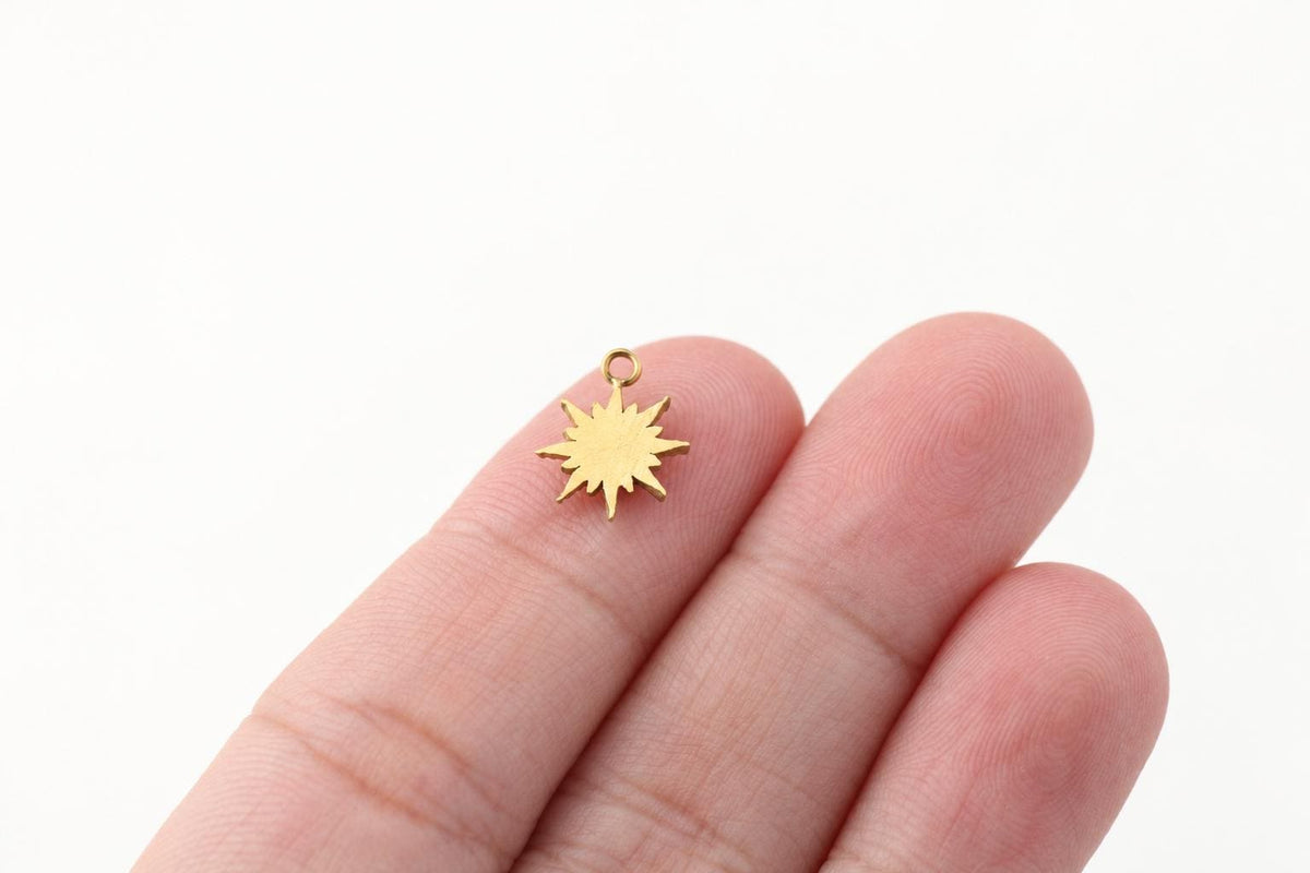 Celestial Sun Charm, Gold Rhinestone Starburst Pendant, Tiny Stainless Steel Sun Jewelry Charm