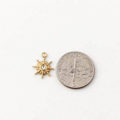 Celestial Sun Charm, Gold Rhinestone Starburst Pendant, Tiny Stainless Steel Sun Jewelry Charm