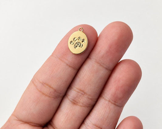 Paw Print Charm, Gold Stainless Steel Pet Medallion, 14mm Dog Cat Paw Pendant for Jewelry Making