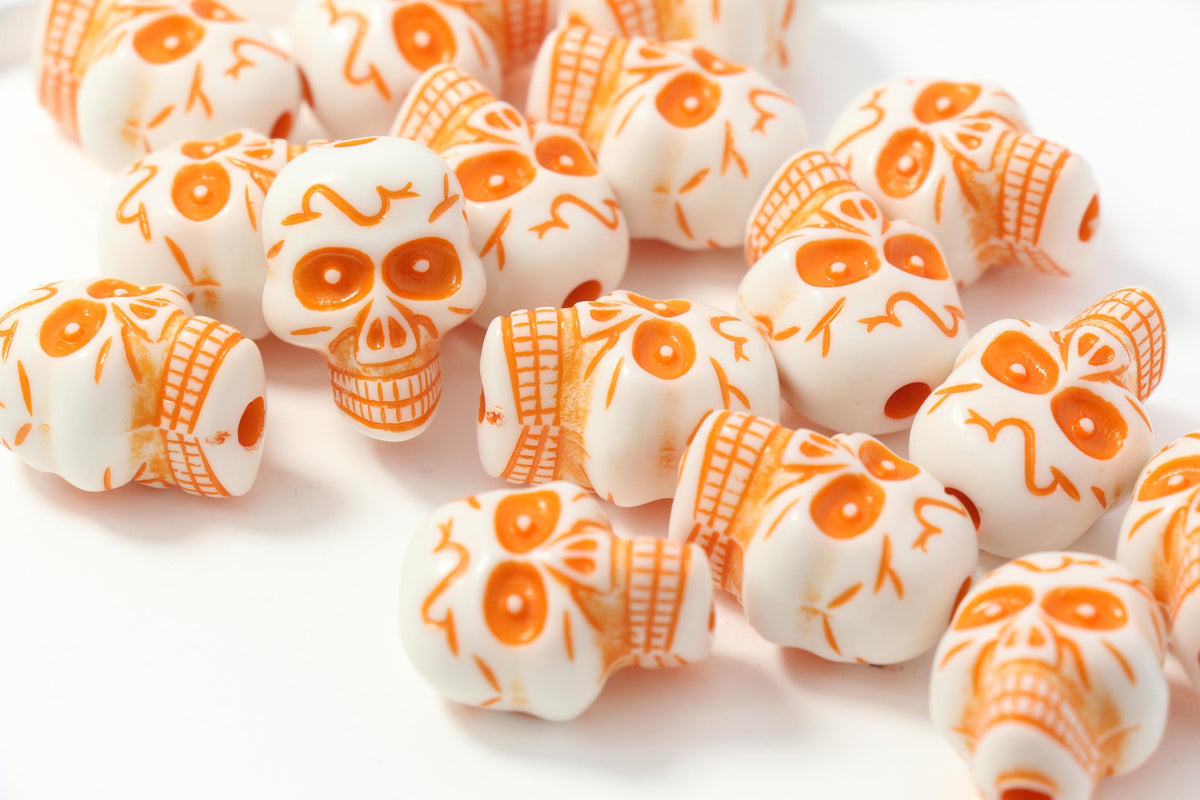Orange Skull Beads, Large Skull Beads, Halloween Beads for Jewelry Making #4038