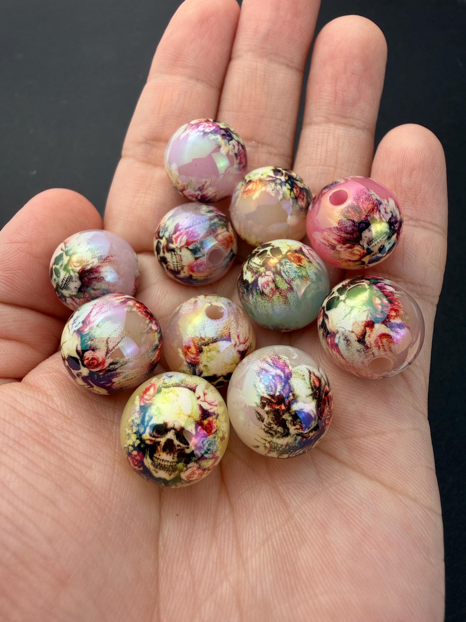 Floral Skull Beads, Acrylic Halloween Beads, Rose Skull Beads for Jewelry Making #4044