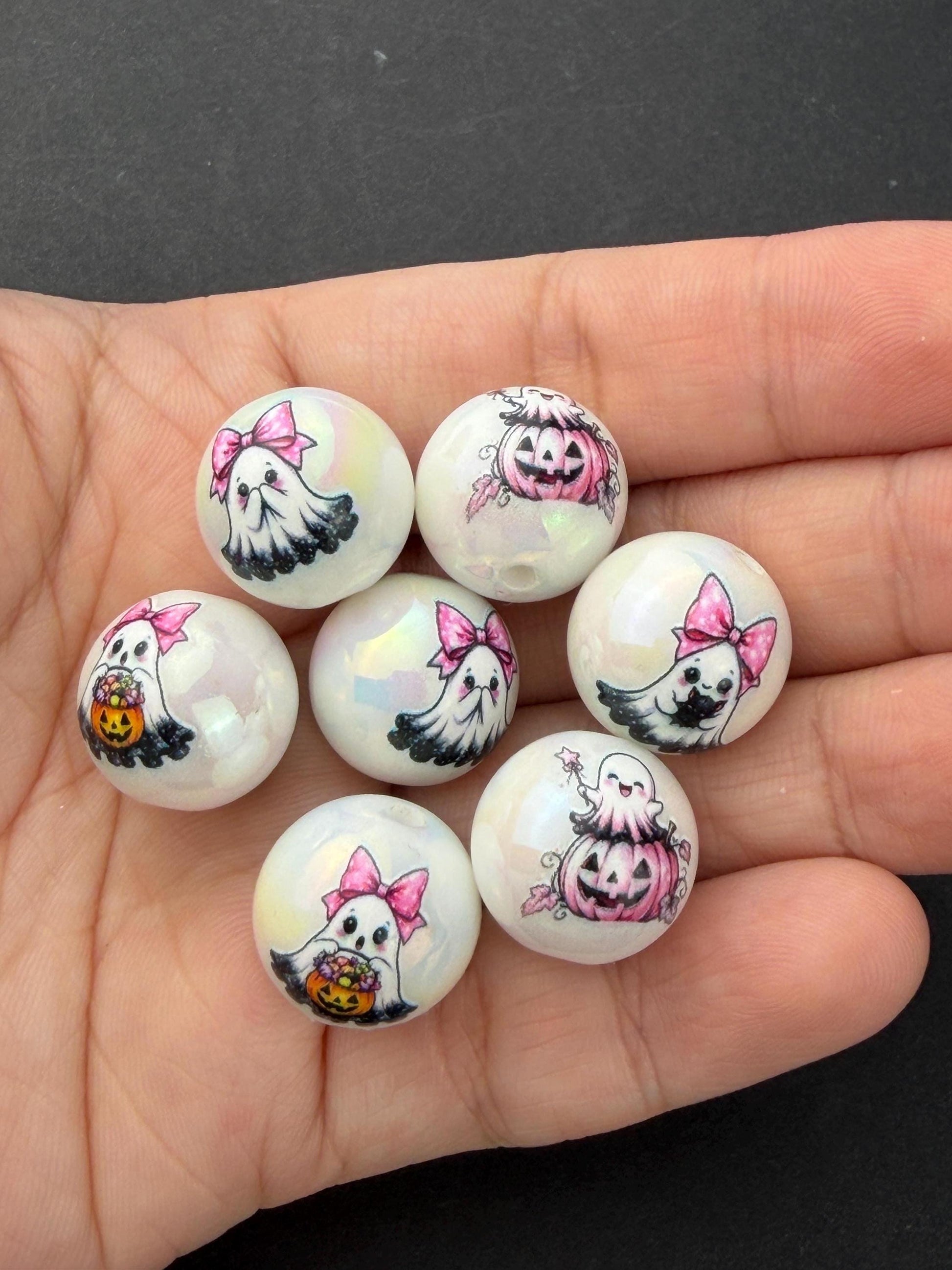 Pink Ghost Beads, Cute Halloween Acrylic Beads, Pink Pumpkin Beads for Jewelry Making #4045