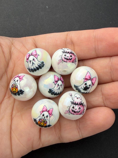 Pink Ghost Beads, Cute Halloween Acrylic Beads, Pink Pumpkin Beads for Jewelry Making #4045