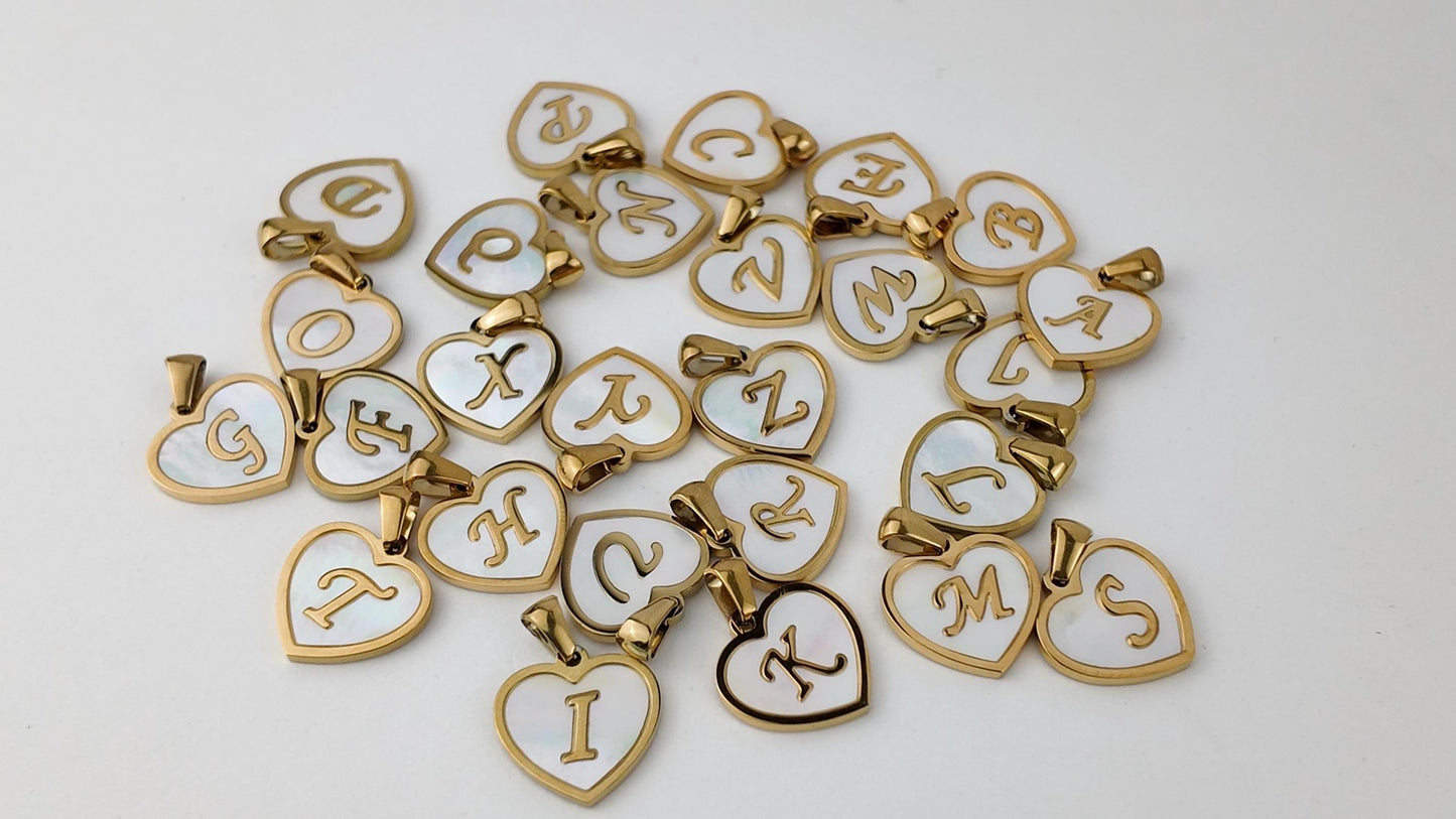 Natural Shell Initial Pendant, Gold Stainless Steel Heart Letter Charm, A-Z Alphabet Pendant for Jewelry Making
