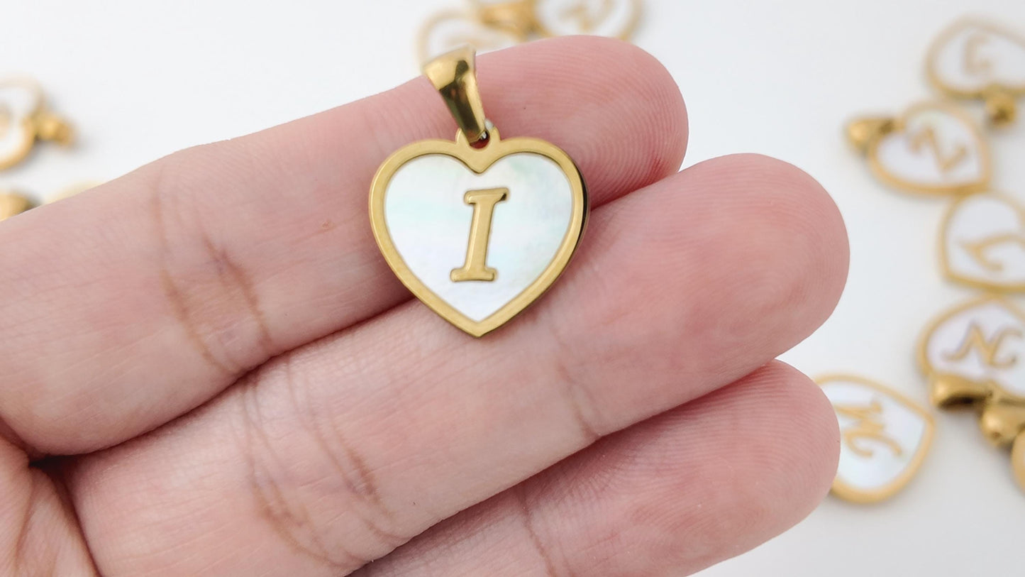 Natural Shell Initial Pendant, Gold Stainless Steel Heart Letter Charm, A-Z Alphabet Pendant for Jewelry Making