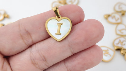 Natural Shell Initial Pendant, Gold Stainless Steel Heart Letter Charm, A-Z Alphabet Pendant for Jewelry Making