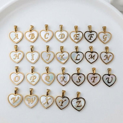 Natural Shell Initial Pendant, Gold Stainless Steel Heart Letter Charm, A-Z Alphabet Pendant for Jewelry Making