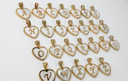 Natural Shell Initial Pendant, Gold Stainless Steel Heart Letter Charm, A-Z Alphabet Pendant for Jewelry Making
