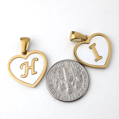 Natural Shell Initial Pendant, Gold Stainless Steel Heart Letter Charm, A-Z Alphabet Pendant for Jewelry Making