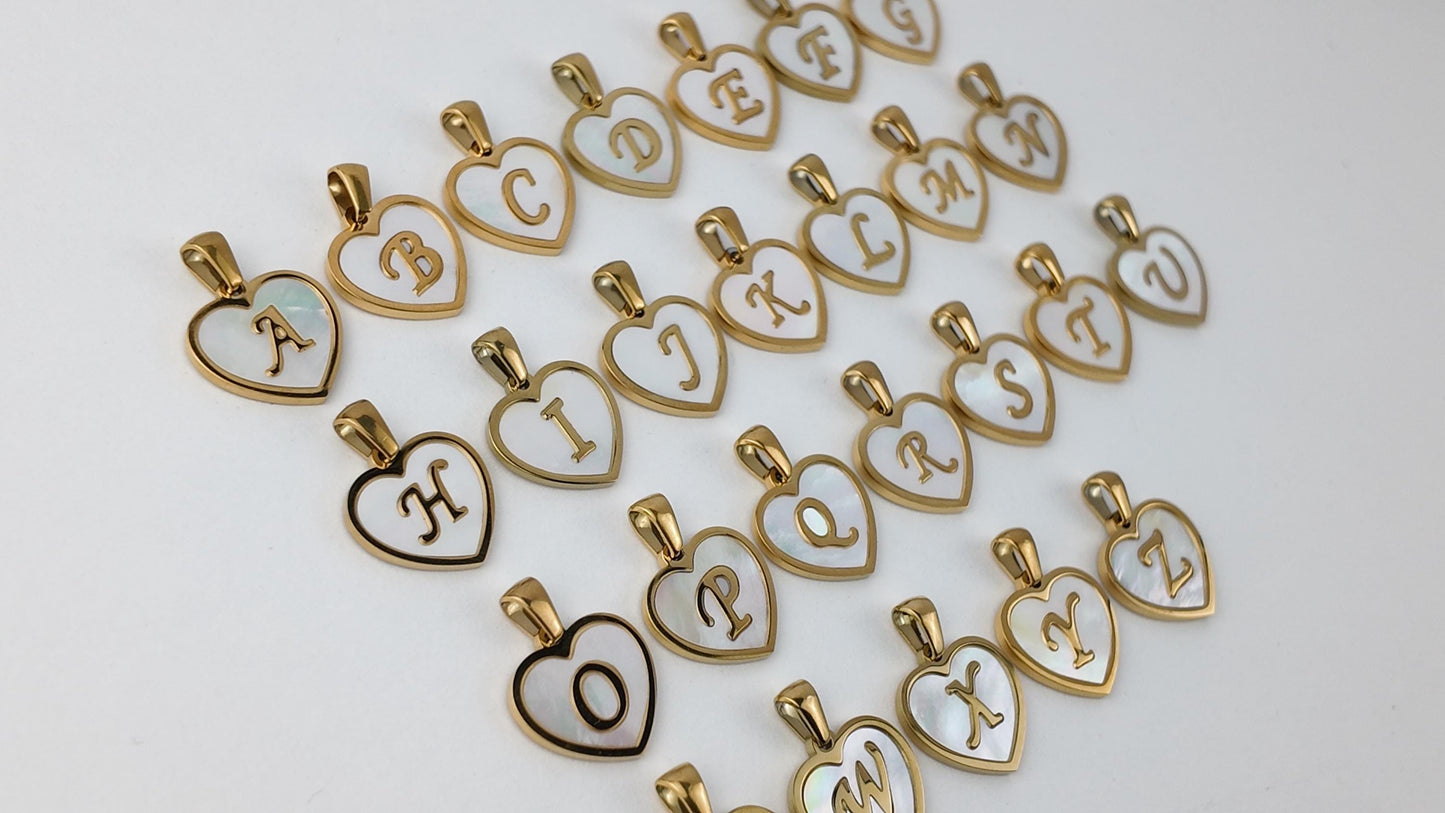 Natural Shell Initial Pendant, Gold Stainless Steel Heart Letter Charm, A-Z Alphabet Pendant for Jewelry Making
